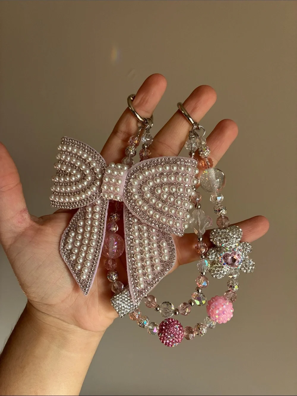 Coquette Pink Pearl Bow Crystal Keychain Bag Chain Charm